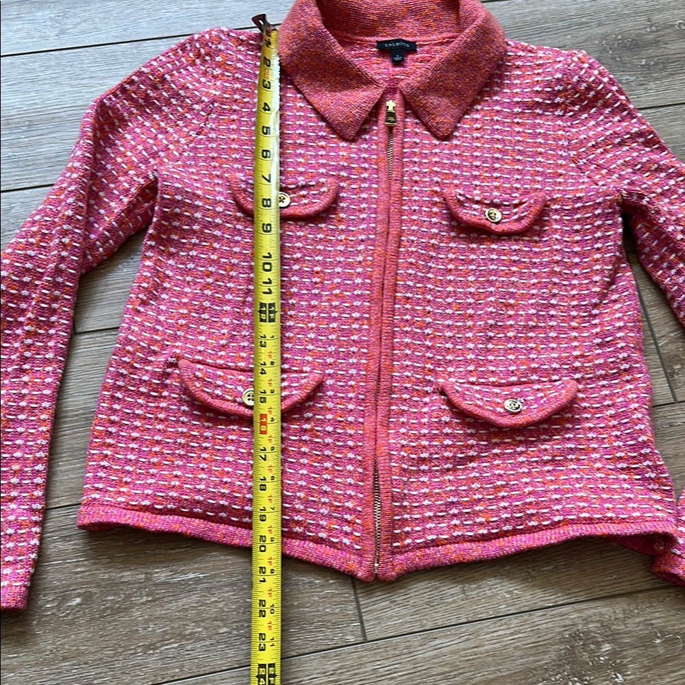 Talbots Pink White and Orange Tweed Sweater Jacket with Gold Accents Size S - Picture 6 of 11